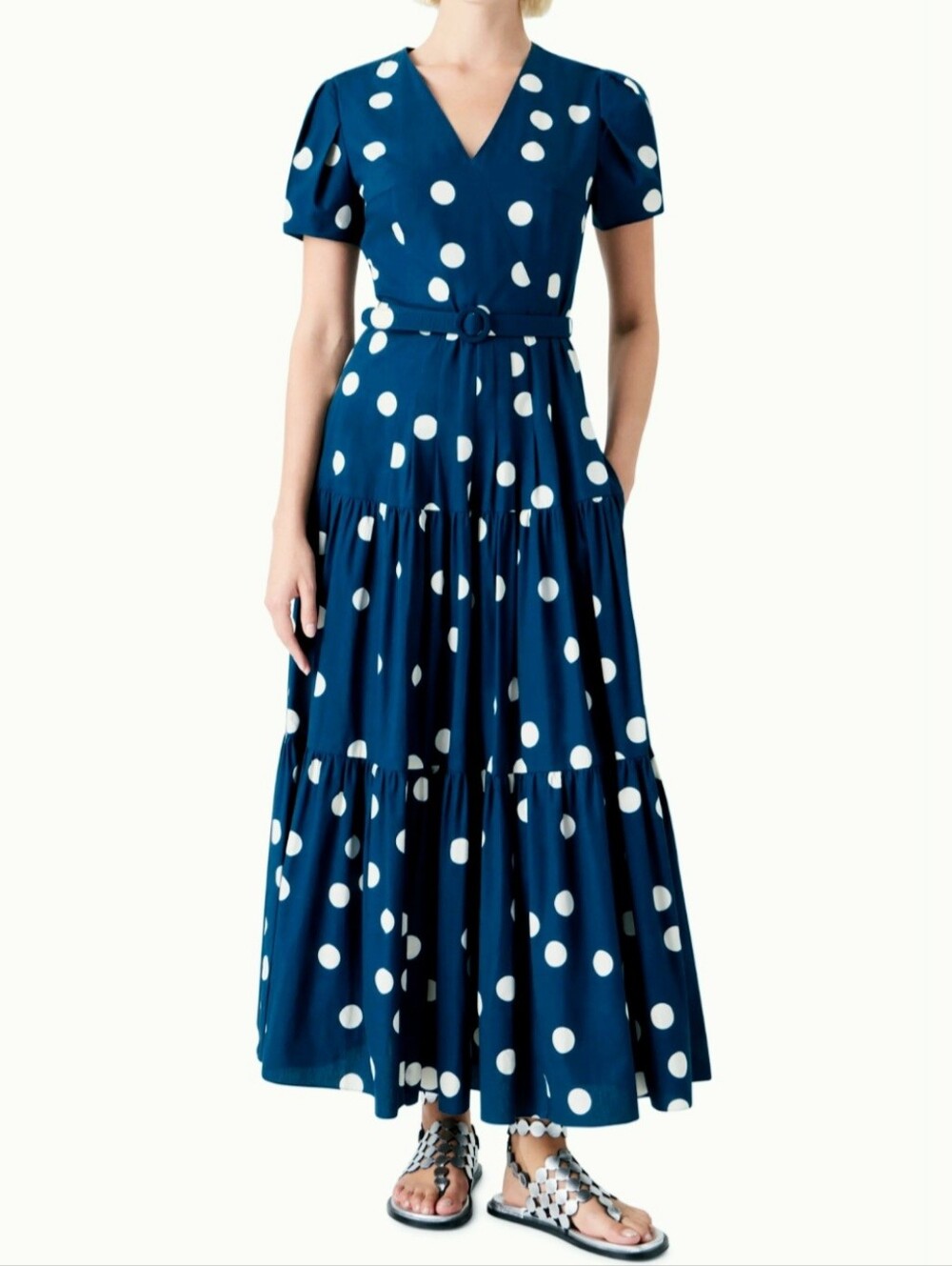 Akris Punto Polka Dot Tiered Cotton Poplin Maxi Dress Blue Sz US 6 New w Repair